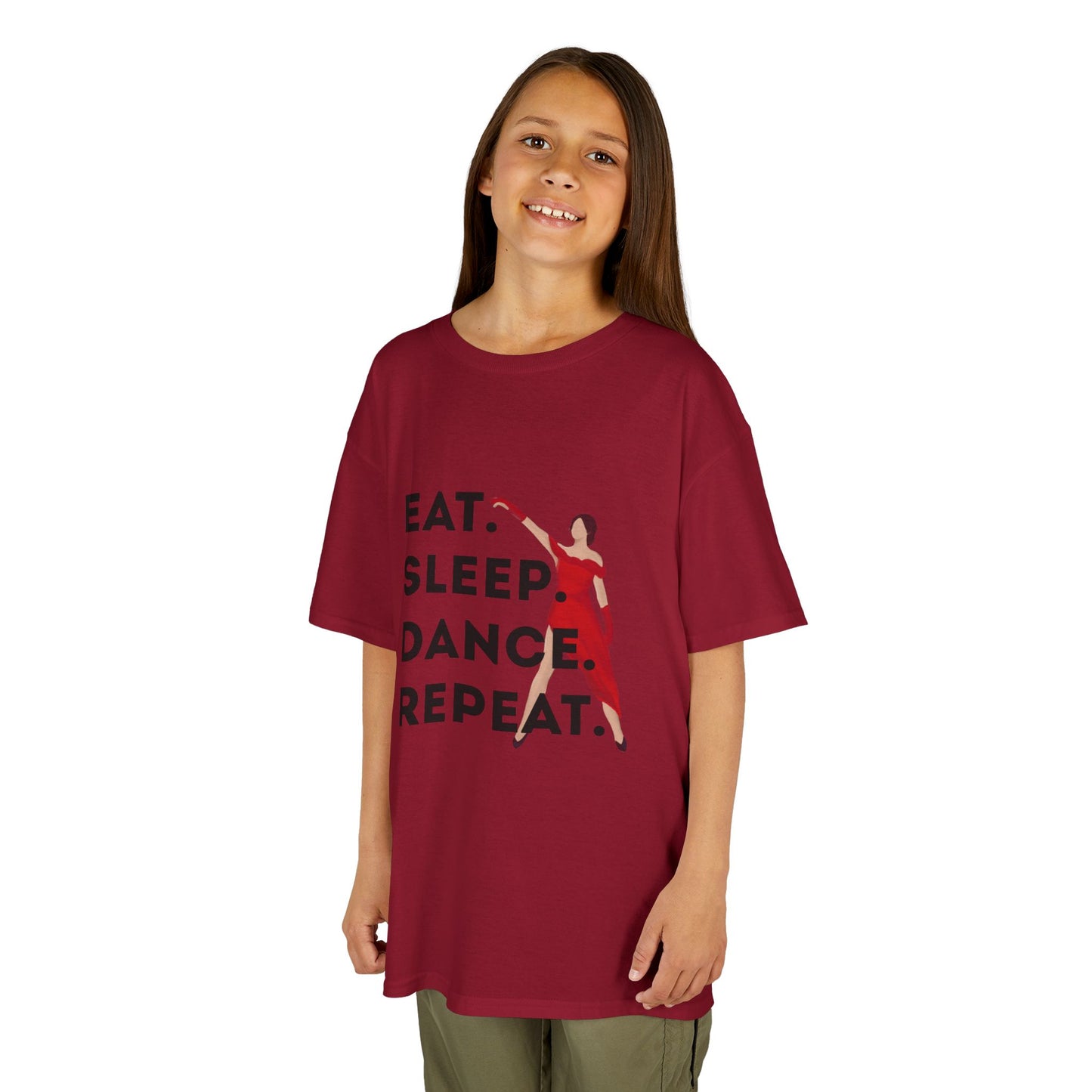 "Eat Sleep Dance Repeat” Youth Short Sleeve Tee – Bold Dancer Graphic Dance Shirt for Kids and Young Performers