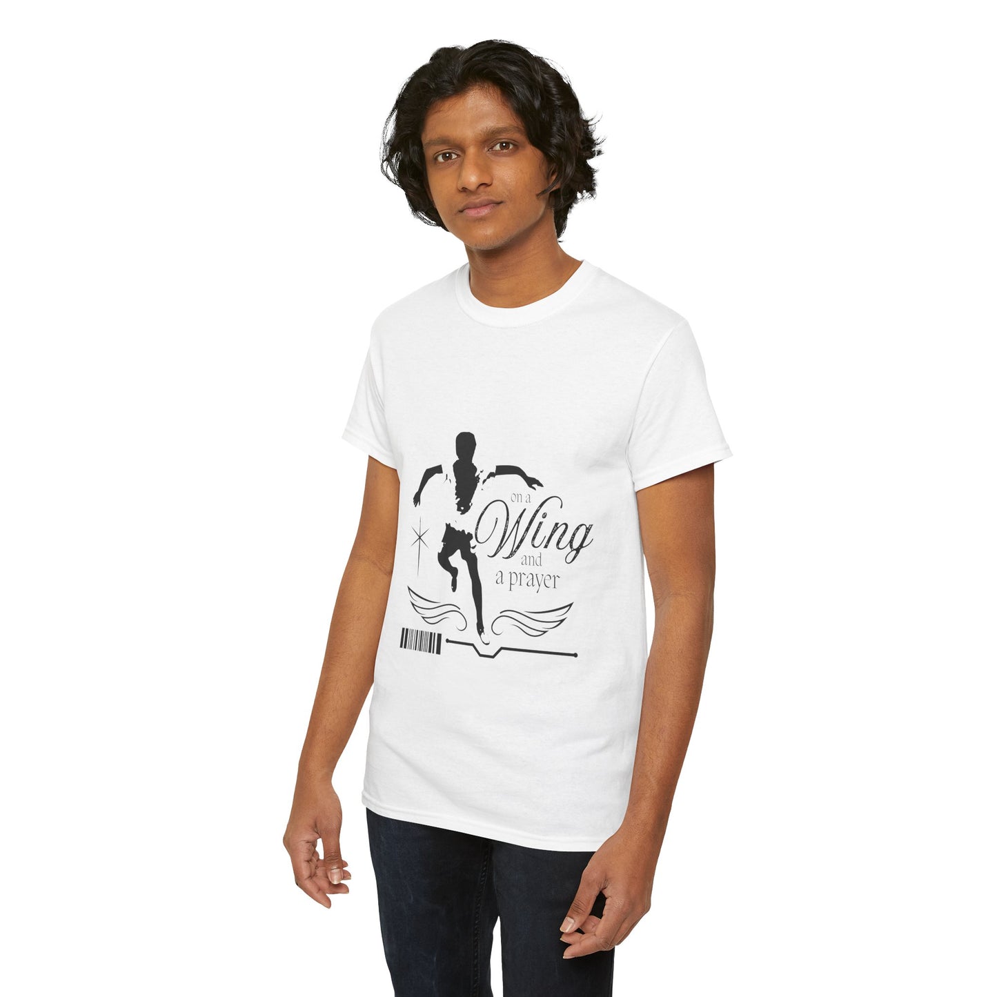 "On a Wing and a Prayer" Tap Dance Tee – Unisex Heavy Cotton T-Shirt with Streetwear-Inspired One-Footed Wing Dancer Graphic