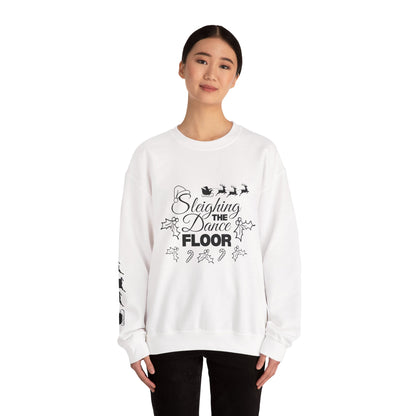 “Sleighing the Dance Floor” ADULT SWEATSHIRT Unisex Heavy Blend Crewneck – Festive Christmas Dance Sweatshirt with Santa’s Sleigh & Reindeer Arm Design, Perfect for Dancers & Studios