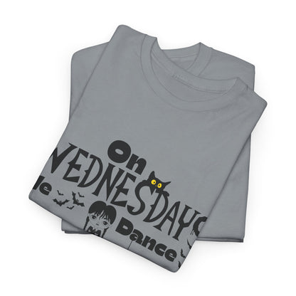 “On Wednesdays We Dance” Gothic Halloween T-Shirt with Cute Girl, Black Cat, Spiders & Bats - Unisex Heavy Cotton Tee