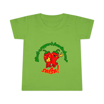 "What Is a Pepper's Favorite Dance? Salsa!" Toddler Dance T-Shirt – Cute Pepper Pun Graphic Short Sleeve Tee for Kids