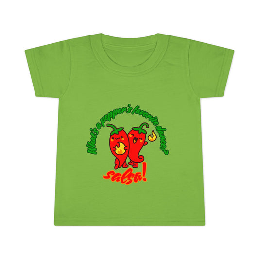 "What Is a Pepper's Favorite Dance? Salsa!" Toddler Dance T-Shirt – Cute Pepper Pun Graphic Short Sleeve Tee for Kids