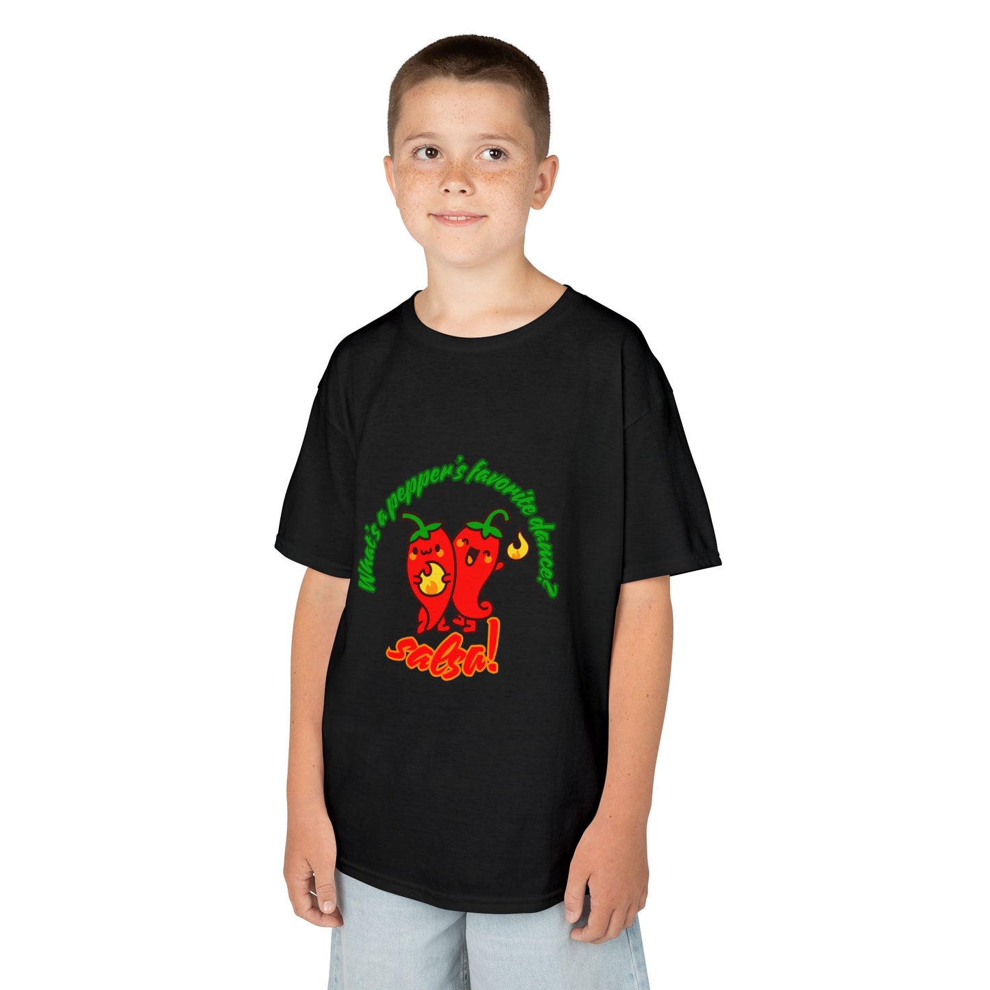 "What’s a Pepper’s Favorite Dance? Salsa!" Youth Short Sleeve Tee – Funny Dance Shirt with Cute Pepper Graphic for Kids