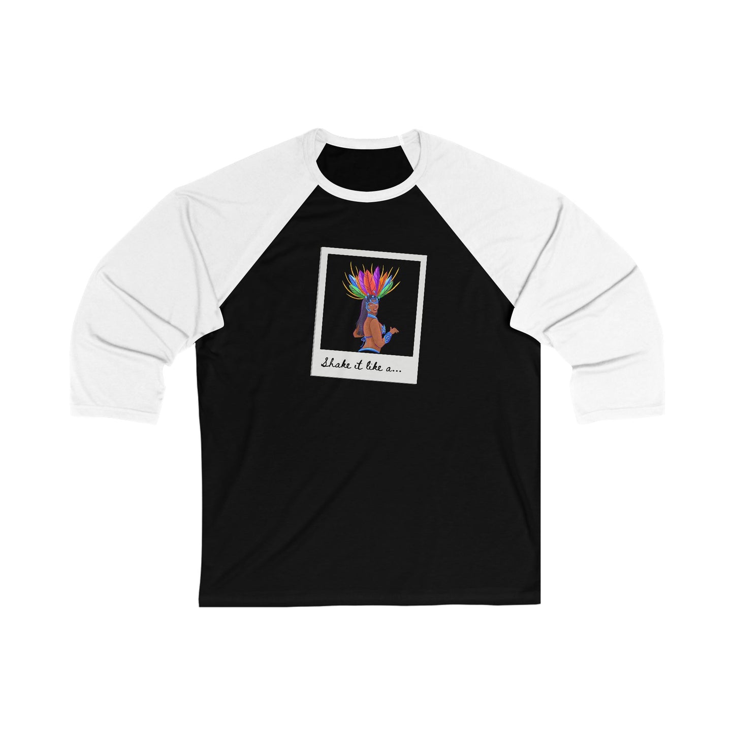 "Shake It Like a..." Unisex 3/4 Sleeve Baseball Tee – Carnival-Inspired Samba Dancer Graphic Dance Shirt for Performers
