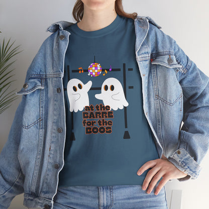 “At the Barre for the Boos” Dance Halloween T-Shirt with Cute Ghost Ballet Graphics - Unisex Heavy Cotton Tee