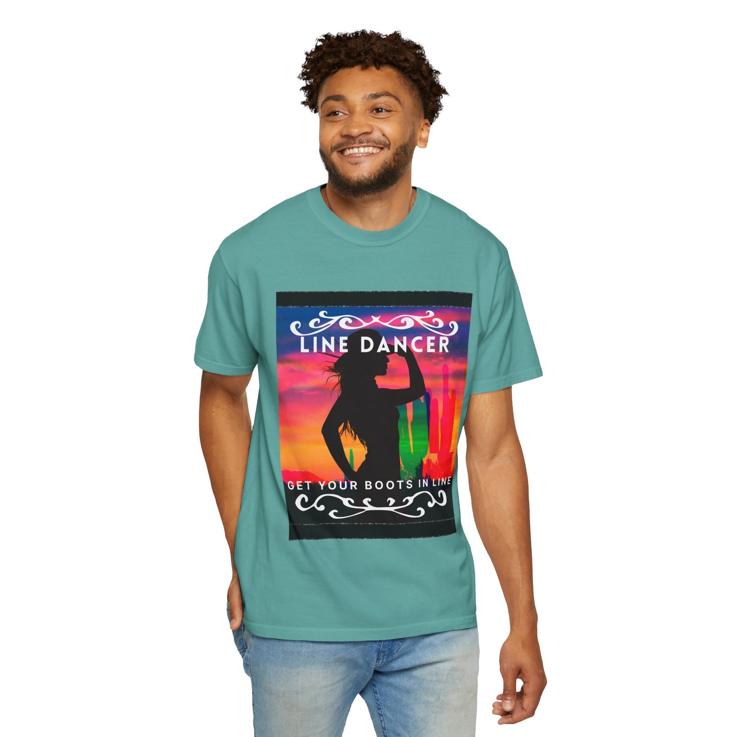 "Line Dancer" Unisex Garment-Dyed T-Shirt – Western Country Dance Graphic Tee – 'Get Your Boots in Line' Cowboy-Inspired Shirt