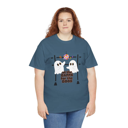 “At the Barre for the Boos” Dance Halloween T-Shirt with Cute Ghost Ballet Graphics - Unisex Heavy Cotton Tee