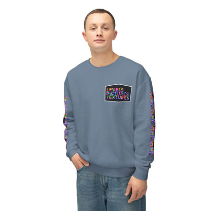 Levels Premium Collection Dance Crewneck Sweatshirt – Vibrant Unisex Streetwear Pullover with "Levels Pictures Textures" Front Text and Dancer Silhouettes on Sleeves