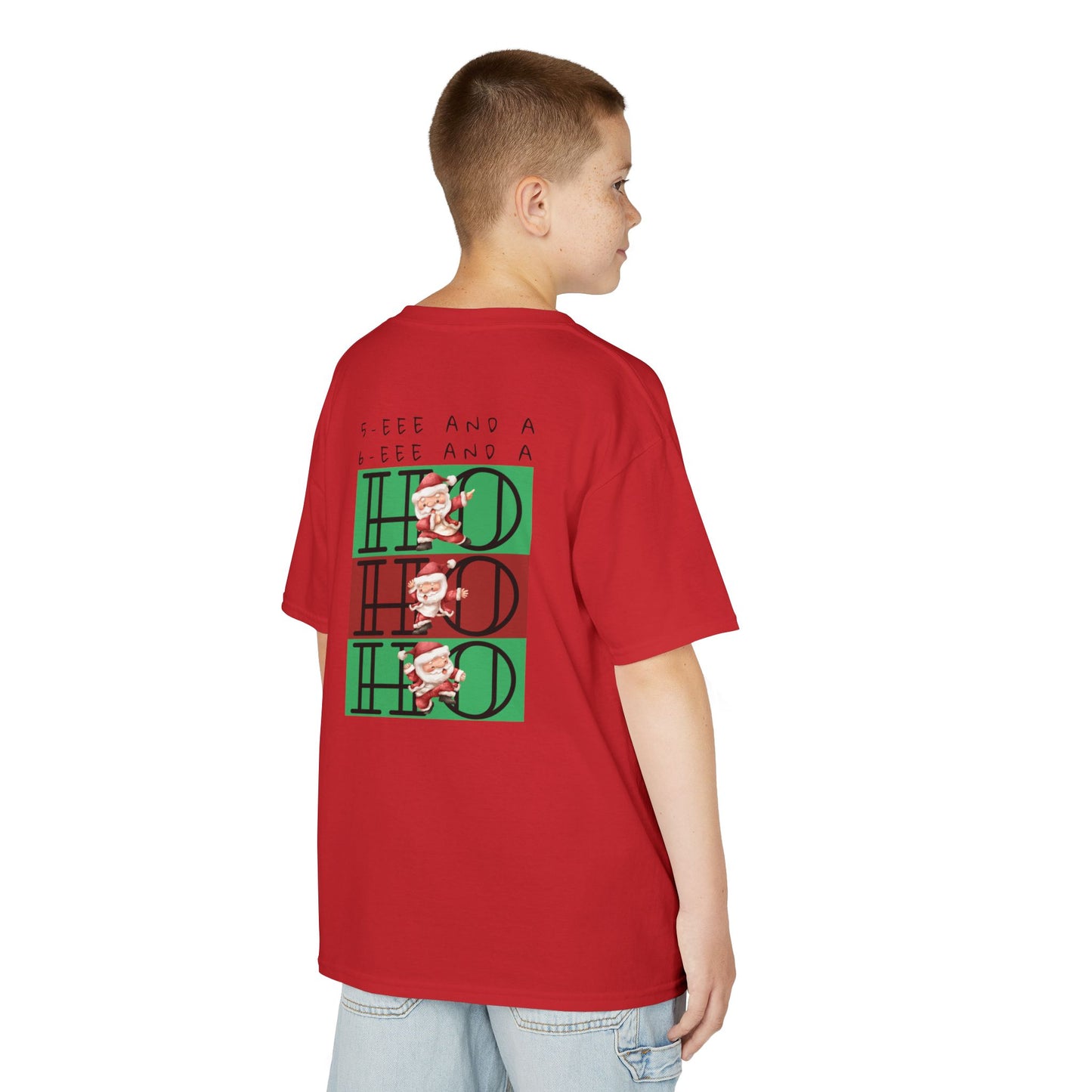 “5-eee and a 6-eee and a Ho, Ho, Ho” YOUTH Short Sleeve Tee with Playful Dancing Santa Front & Back – Festive Christmas Dance Tee for Dancers & Studios