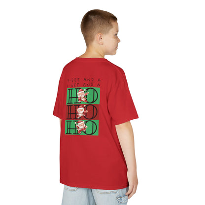 “5-eee and a 6-eee and a Ho, Ho, Ho” YOUTH Short Sleeve Tee with Playful Dancing Santa Front & Back – Festive Christmas Dance Tee for Dancers & Studios