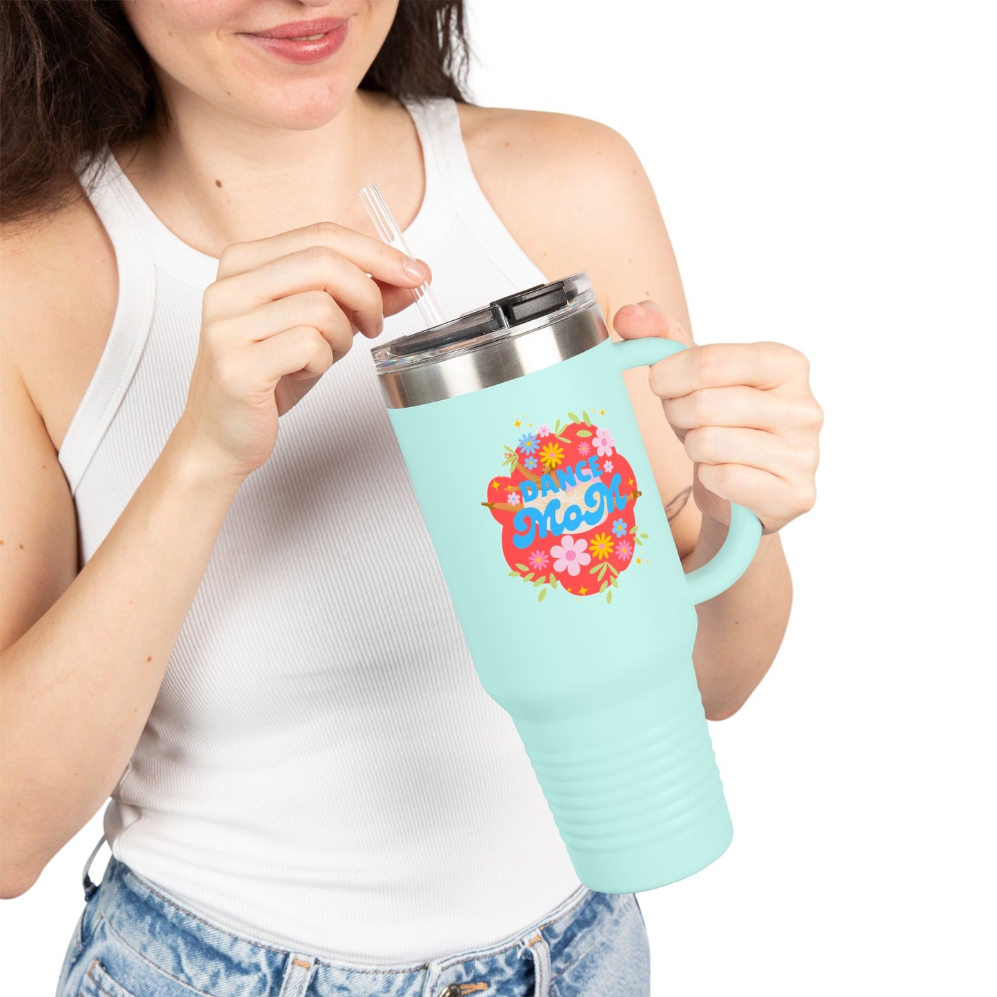 "Dance Mom" 40oz Insulated Travel Mug – Floral Graphic with Costume Designer, Makeup Artist, Chauffeur Text – Funny Dance Mom Gift Tumbler