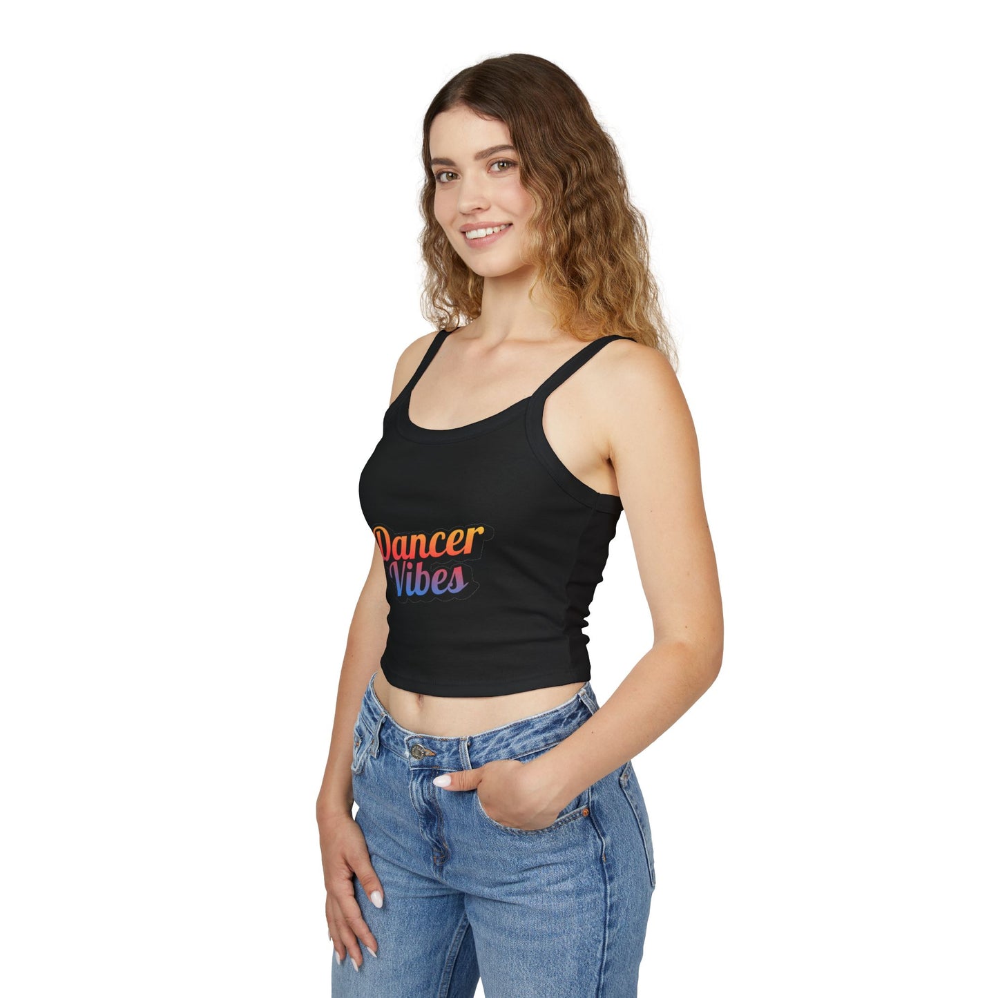 "Dancer Vibes" Women’s Spaghetti Strap Tank Top – Colorful Text Graphic | Fun Dance Lifestyle Shirt for Studio, Festivals & Everyday Style