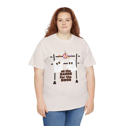 “At the Barre for the Boos” Dance Halloween T-Shirt with Cute Ghost Ballet Graphics - Unisex Heavy Cotton Tee