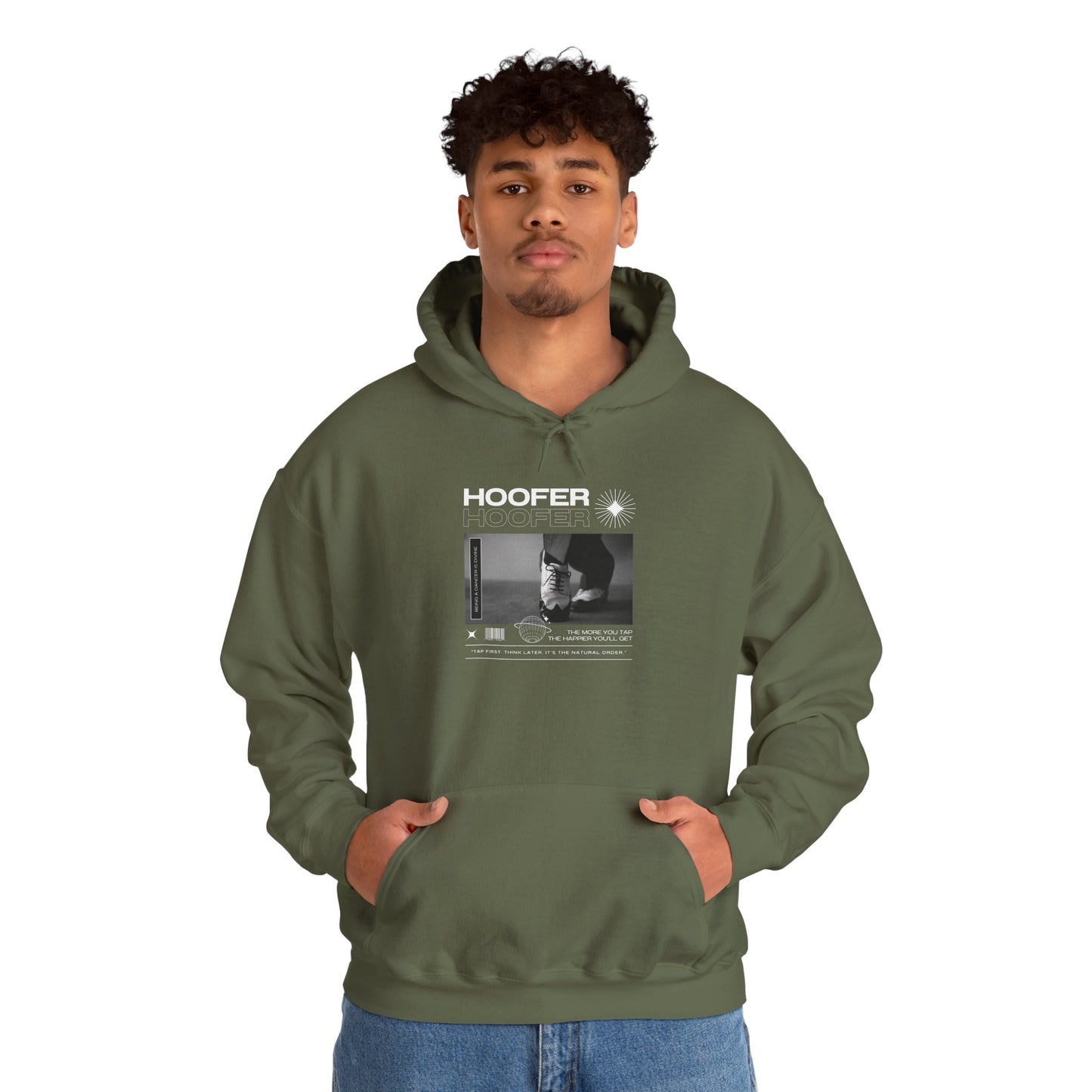 “Hoofer” Tap Dance Text with Streetwear-Style Tap Shoes Graphic – Unisex Heavy Blend™ Hooded Sweatshirt – Cozy Dance Hoodie for Tap Dancers & Dance Enthusiasts