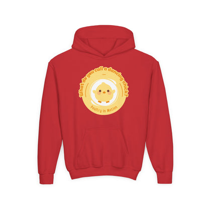 "What do you call a dancing chick? Poultry in Motion." Youth Hooded Sweatshirt – Funny Dancing Chick Pun Graphic Hoodie for Kids and Teens