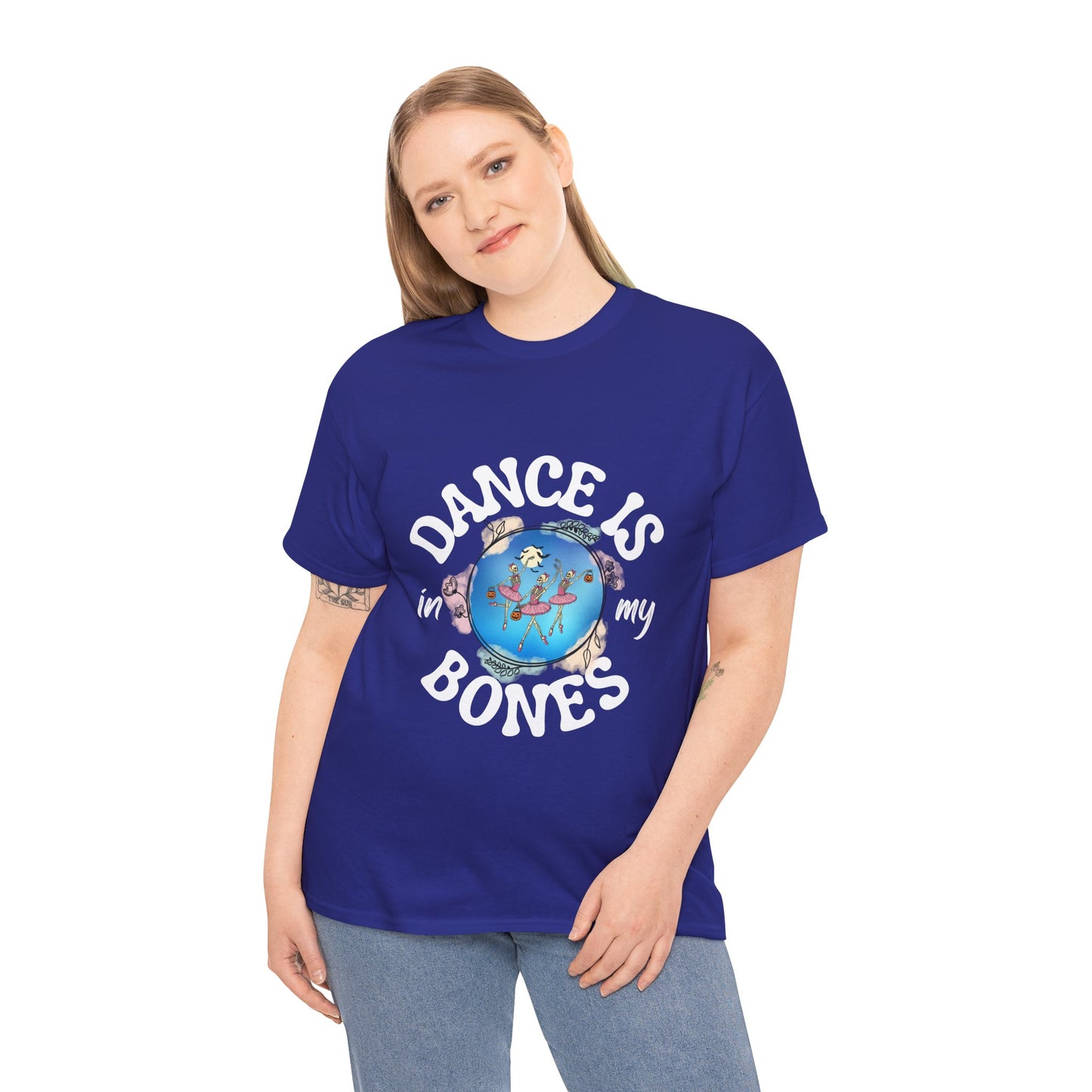 “Dance Is in My Bones” Halloween Dance T-Shirt with Dancing Skeletons Graphic - Unisex Heavy Cotton Tee