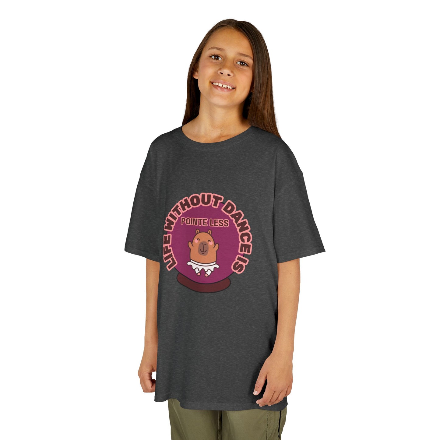 "Life Without Dance Is Pointeless" Youth Dance T-Shirt – Cute Capybara Ballerina Graphic Tee for Kids