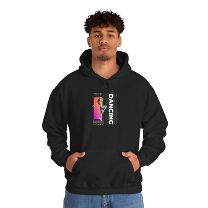 Dancing” Text with Streetwear-Style Female Dancer Graphic - Unisex Heavy Blend™ Hooded Sweatshirt – Cozy Dance Hoodie for Ballet & Hip-Hop Enthusiasts