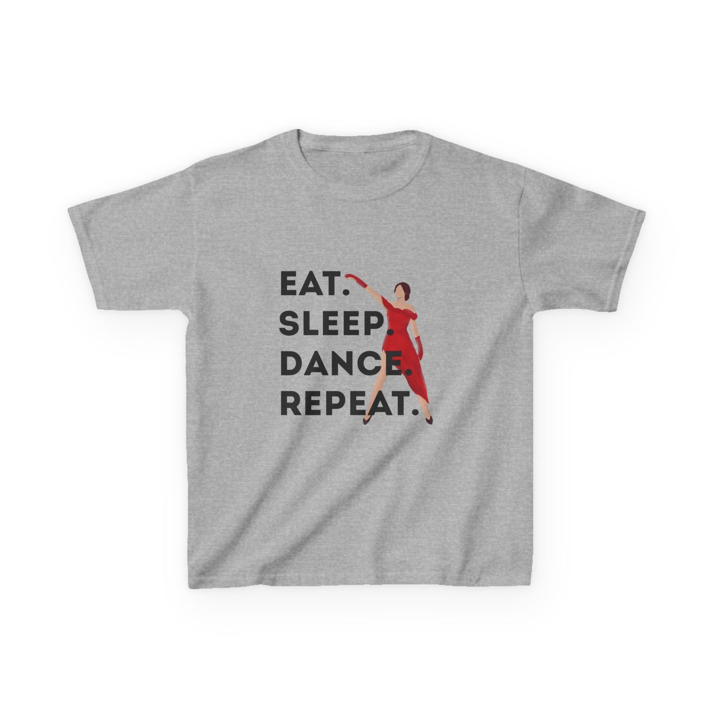 "Eat Sleep Dance Repeat” Youth Short Sleeve Tee – Bold Dancer Graphic Dance Shirt for Kids and Young Performers