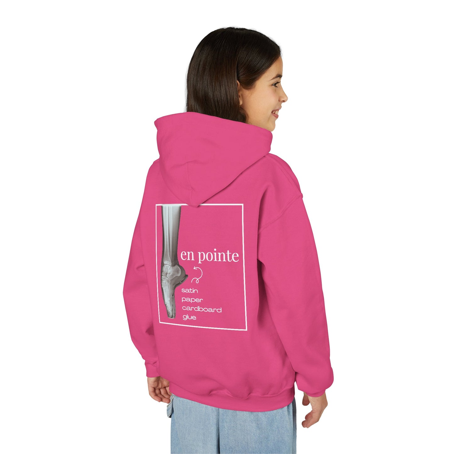 “I Dance En Pointe” Youth Pullover Hoodie with X-Ray Ballet Foot Graphic – Personalized Dance Hoodie for Kids, Custom Name or Studio Option