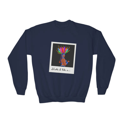 "Shake It Like a..." Youth Crewneck Sweatshirt – Carnival-Inspired Samba Dancer Graphic Pullover for Kids and Teens