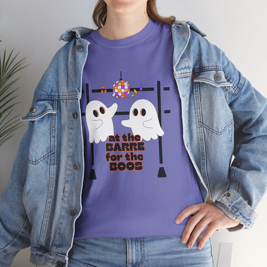 “At the Barre for the Boos” Dance Halloween T-Shirt with Cute Ghost Ballet Graphics - Unisex Heavy Cotton Tee