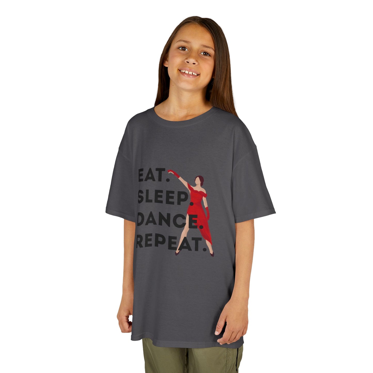 "Eat Sleep Dance Repeat” Youth Short Sleeve Tee – Bold Dancer Graphic Dance Shirt for Kids and Young Performers