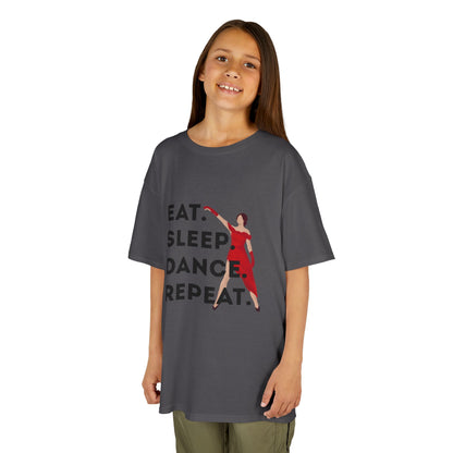 "Eat Sleep Dance Repeat” Youth Short Sleeve Tee – Bold Dancer Graphic Dance Shirt for Kids and Young Performers
