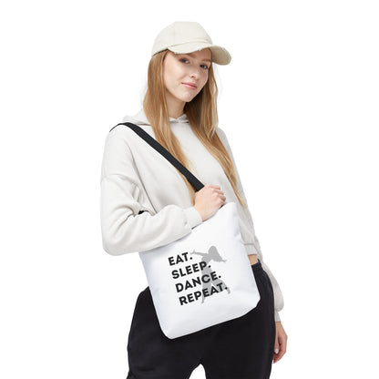"Eat Sleep Dance Repeat" Canvas Tote Bag – Gray Dancer Silhouette Dance-Themed Reusable Shoulder Bag for Dancers, Studio, or Everyday Use