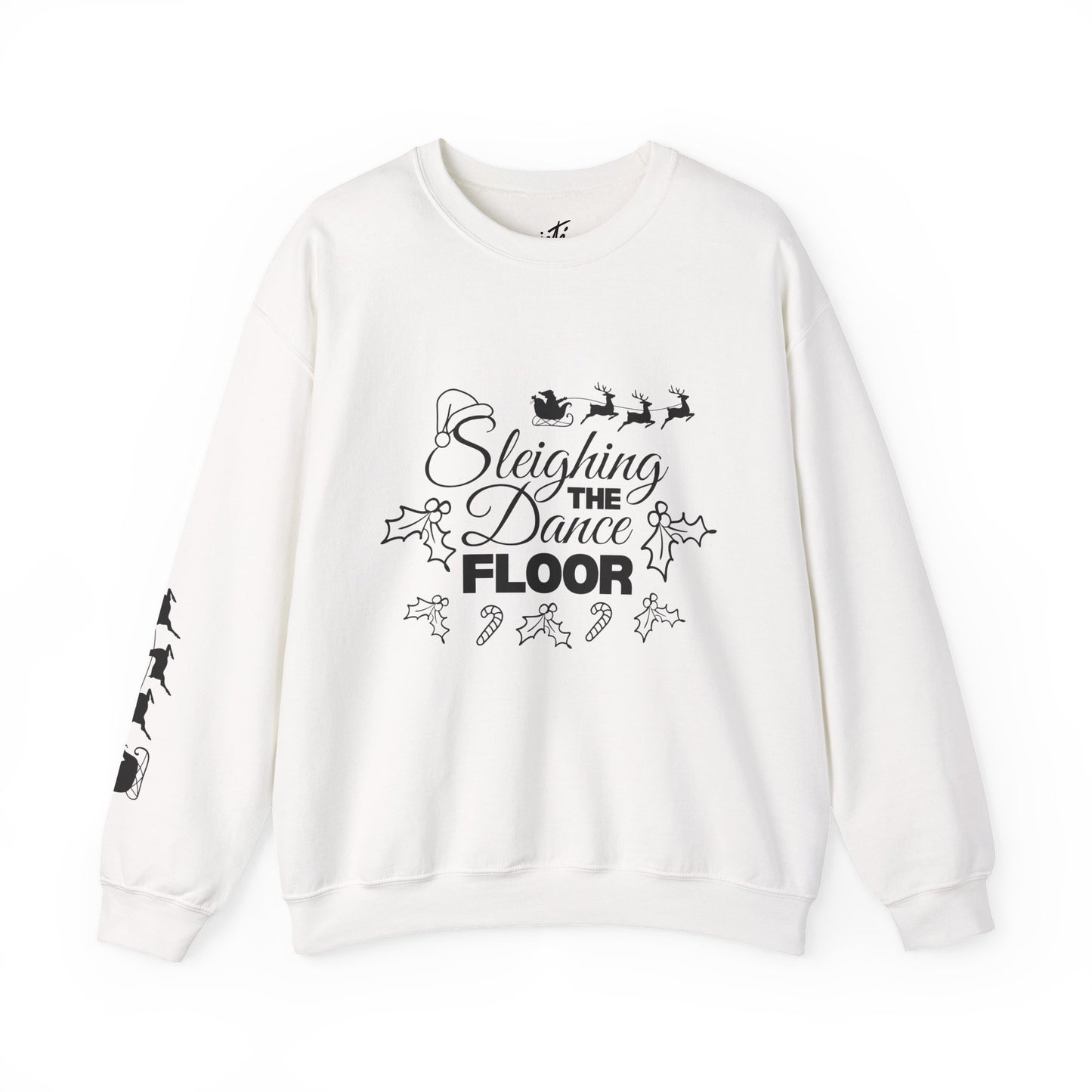 “Sleighing the Dance Floor” ADULT SWEATSHIRT Unisex Heavy Blend Crewneck – Festive Christmas Dance Sweatshirt with Santa’s Sleigh & Reindeer Arm Design, Perfect for Dancers & Studios