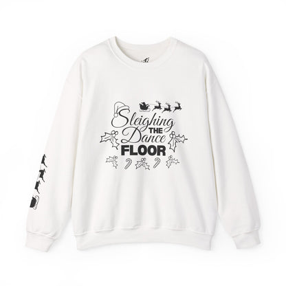“Sleighing the Dance Floor” ADULT SWEATSHIRT Unisex Heavy Blend Crewneck – Festive Christmas Dance Sweatshirt with Santa’s Sleigh & Reindeer Arm Design, Perfect for Dancers & Studios
