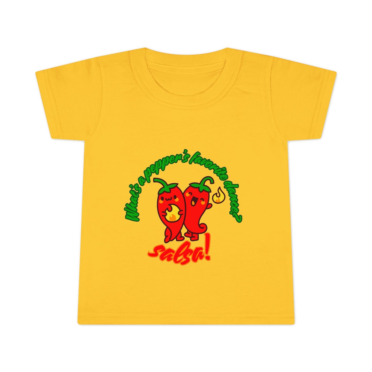 "What Is a Pepper's Favorite Dance? Salsa!" Toddler Dance T-Shirt – Cute Pepper Pun Graphic Short Sleeve Tee for Kids