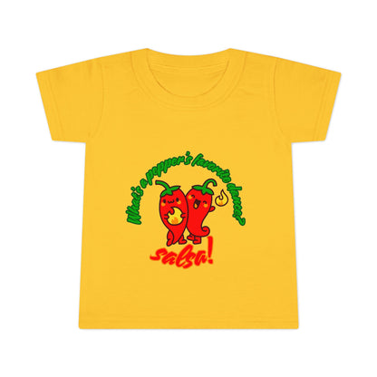 "What Is a Pepper's Favorite Dance? Salsa!" Toddler Dance T-Shirt – Cute Pepper Pun Graphic Short Sleeve Tee for Kids