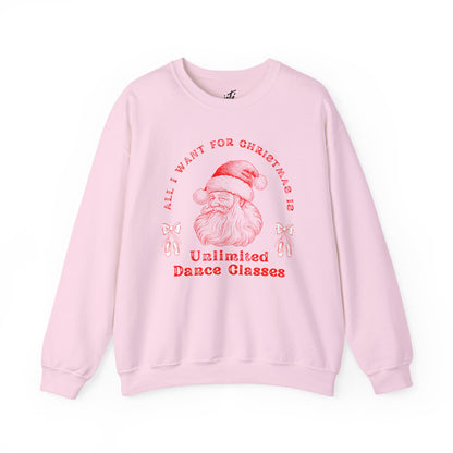 “All I Want for Christmas Is Unlimited Dance Classes” ADULT SWEATSHIRT Unisex Heavy Blend Crewneck with Vintage Santa – Festive Holiday Dance Sweatshirt for Dancers & Studios