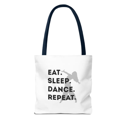"Eat Sleep Dance Repeat" Canvas Tote Bag – Gray Dancer Silhouette Dance-Themed Reusable Shoulder Bag for Dancers, Studio, or Everyday Use