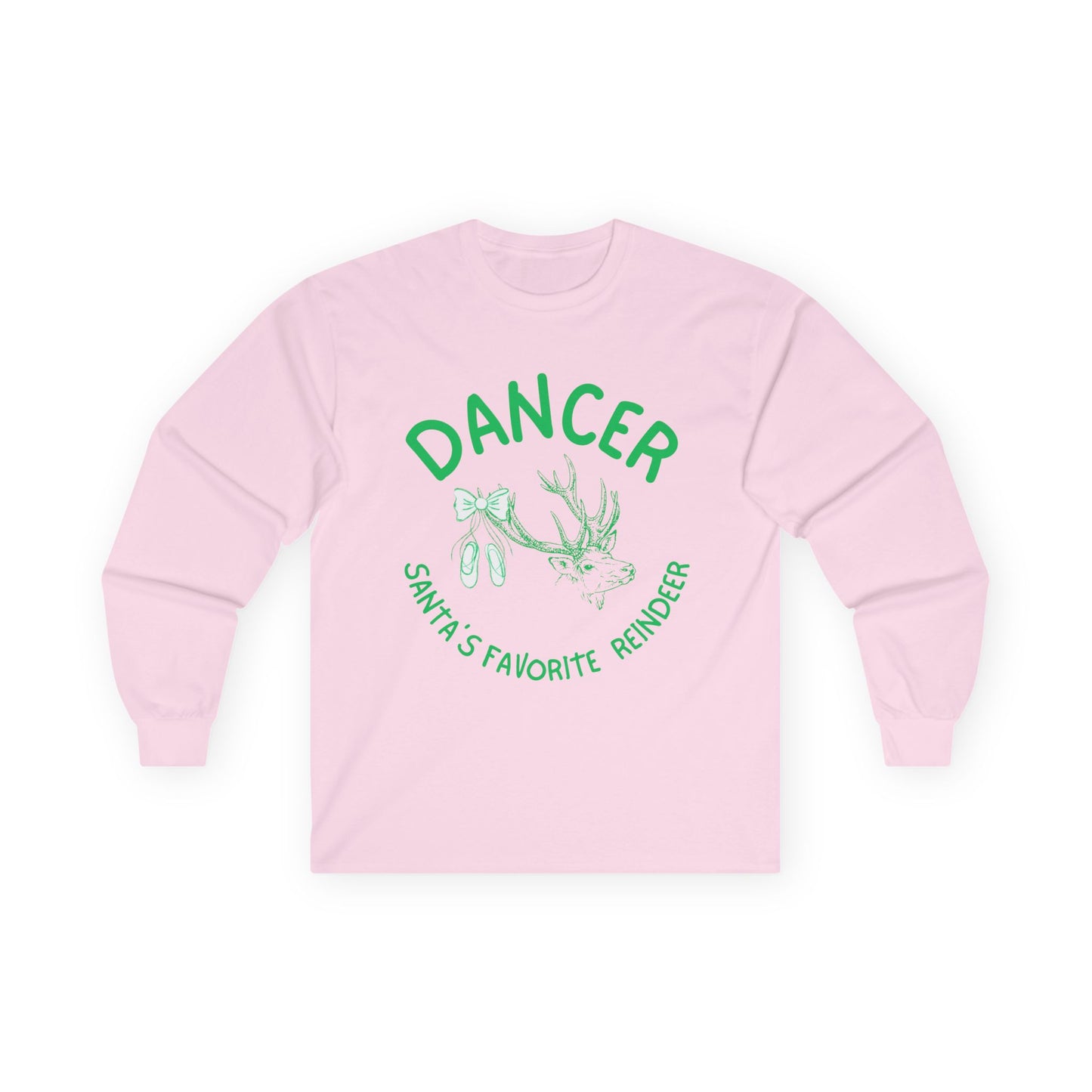 “Dancer, Santa’s Favorite Reindeer” ADULT TEE Unisex Long Sleeve with Vintage Reindeer Graphic – Festive Christmas Dance Tee for Dancers & Holiday Events