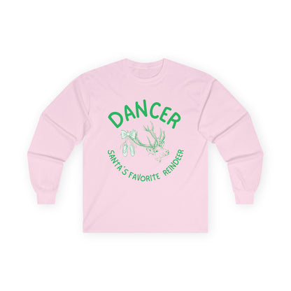 “Dancer, Santa’s Favorite Reindeer” ADULT TEE Unisex Long Sleeve with Vintage Reindeer Graphic – Festive Christmas Dance Tee for Dancers & Holiday Events