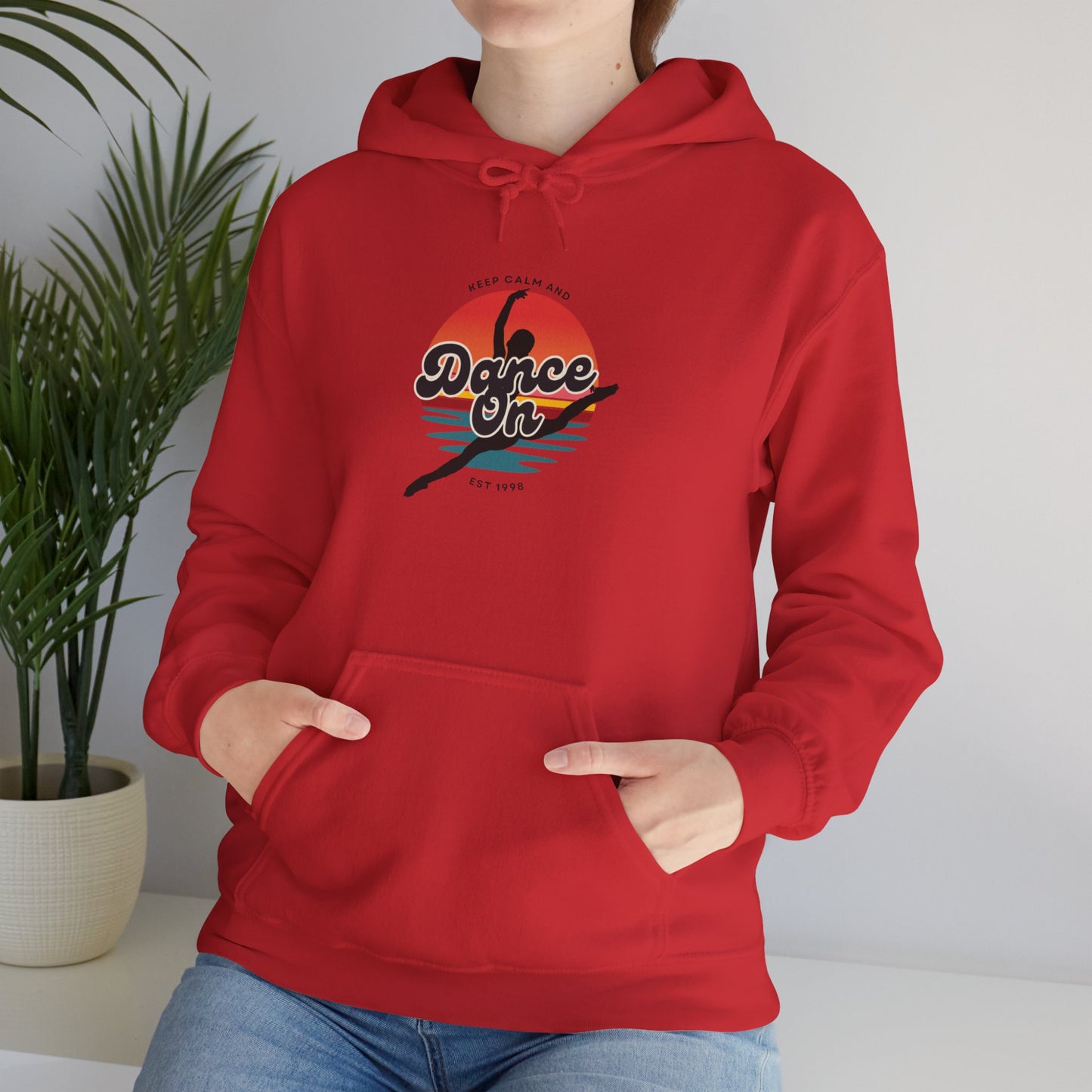 “Keep Calm and Dance On” Retro Hoodie – Unisex Dance-Inspired Hooded Sweatshirt for Dancers & Movement Lovers