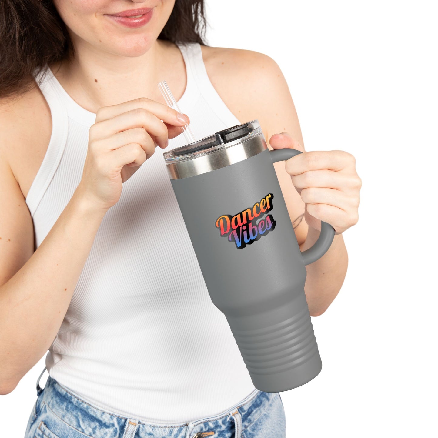 "Dancer Vibes" 40oz Insulated Travel Mug – Retro-Inspired Stainless Steel Tumbler for Dance Lovers | Hot & Cold Beverage Travel Cup with Handle and Leak-Proof Lid