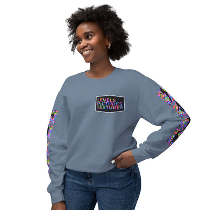 Levels Premium Collection Dance Crewneck Sweatshirt – Vibrant Unisex Streetwear Pullover with "Levels Pictures Textures" Front Text and Dancer Silhouettes on Sleeves