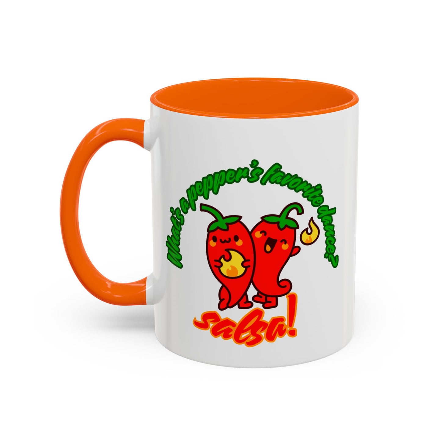 "What's a Pepper's Favorite Dance? Salsa." Accent Coffee Mug – Funny Dance Pun Ceramic Mug for Dancers and Food Lovers