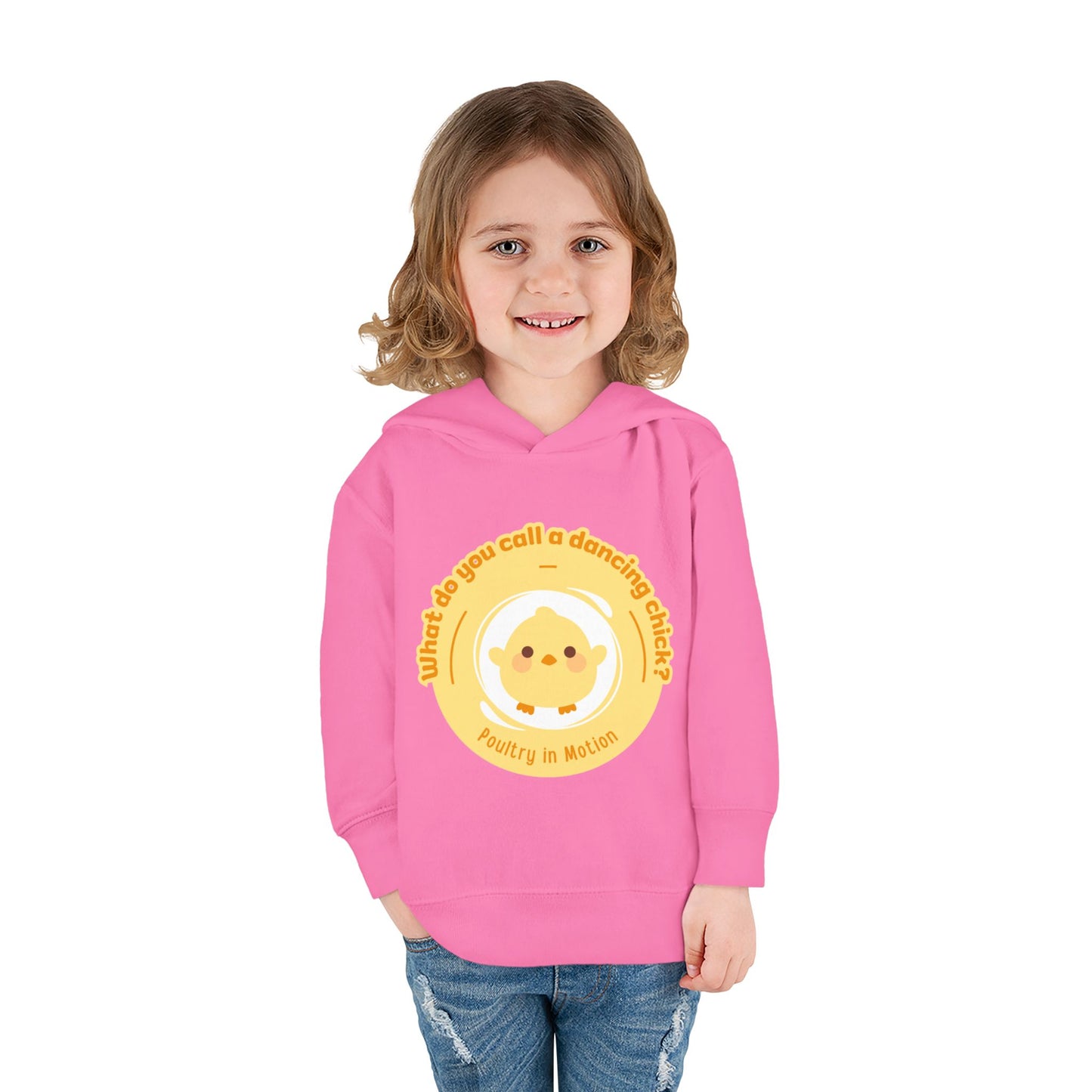 "What do you call a dancing chick? Poultry in Motion." Toddler Pullover Hoodie – Funny Dancing Chicken Pun Graphic Fleece Sweatshirt for Kids