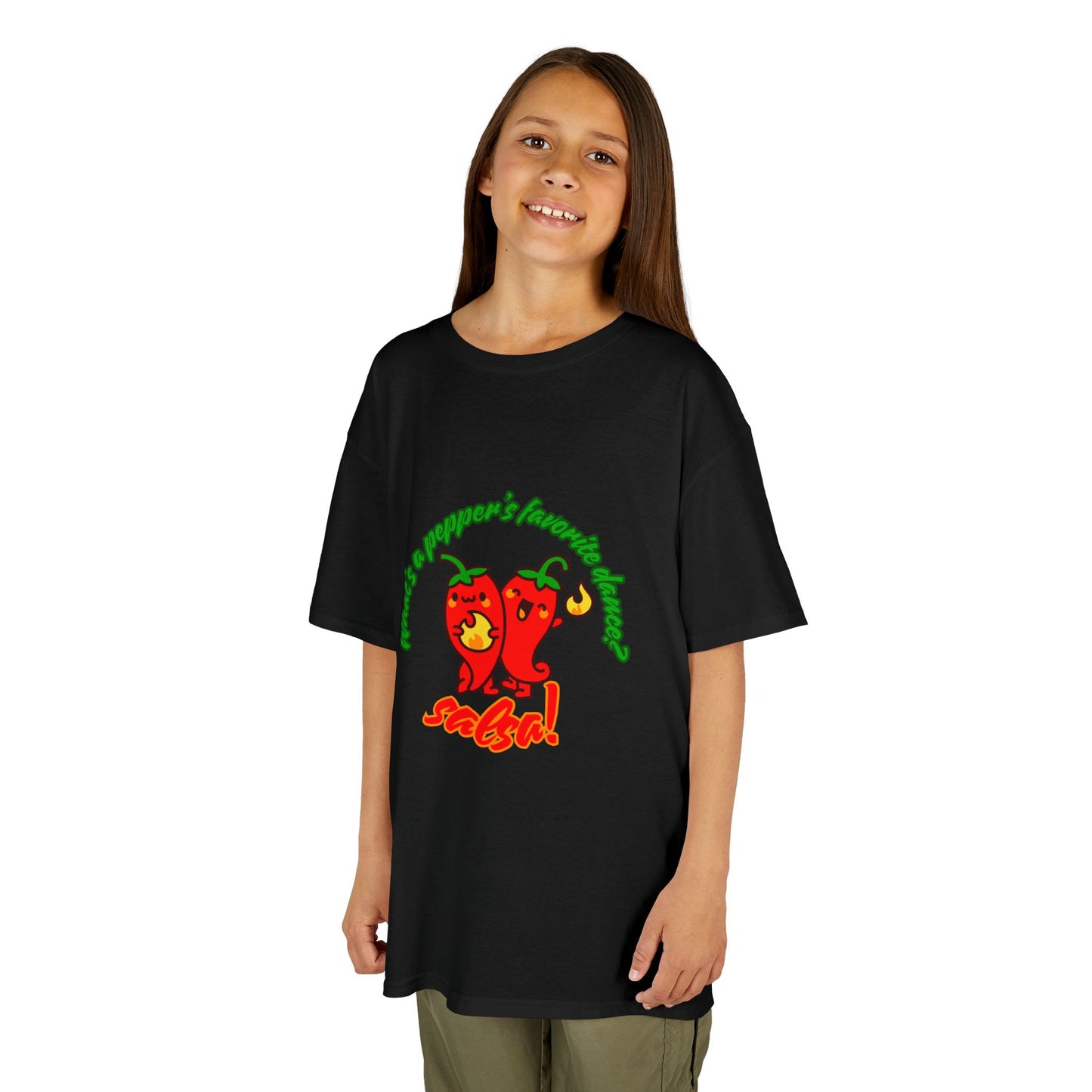 "What’s a Pepper’s Favorite Dance? Salsa!" Youth Short Sleeve Tee – Funny Dance Shirt with Cute Pepper Graphic for Kids