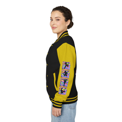 Levels Premium Collection Dance Letterman Jacket – Colorful Unisex Streetwear Varsity Jacket with "Levels Pictures Textures" Front and Dancer Silhouette Back Graphic