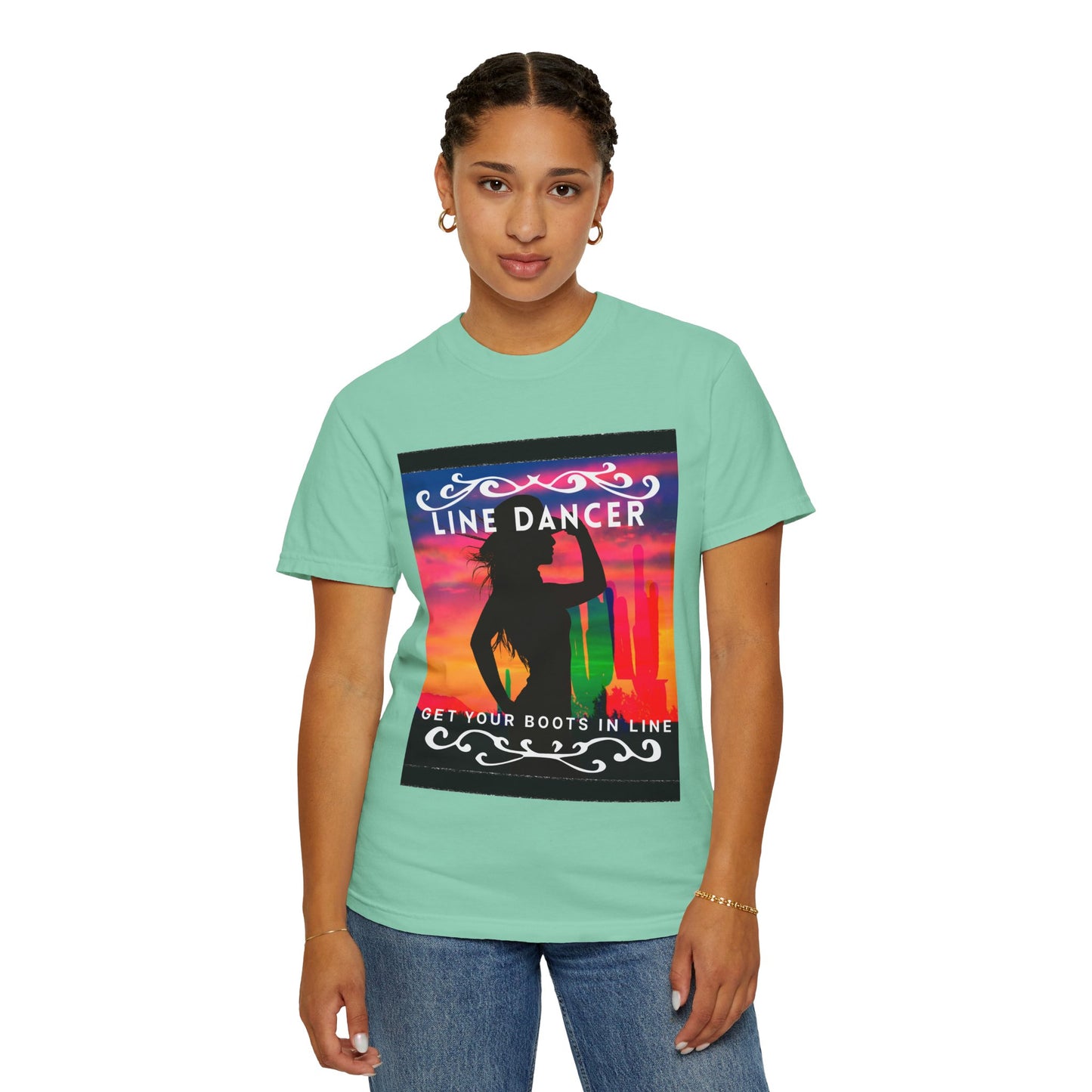 "Line Dancer" Unisex Garment-Dyed T-Shirt – Western Country Dance Graphic Tee – 'Get Your Boots in Line' Cowboy-Inspired Shirt