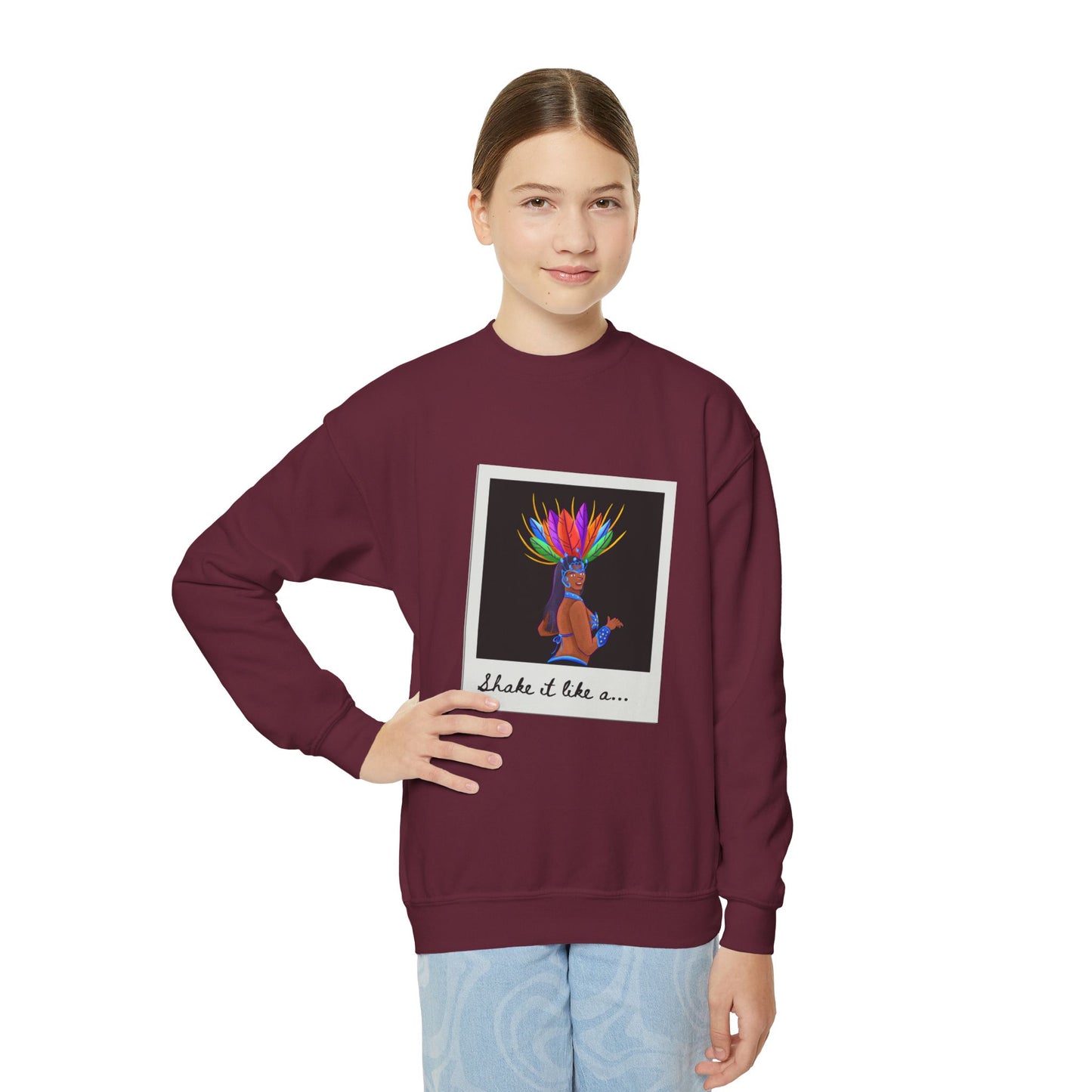 "Shake It Like a..." Youth Crewneck Sweatshirt – Carnival-Inspired Samba Dancer Graphic Pullover for Kids and Teens