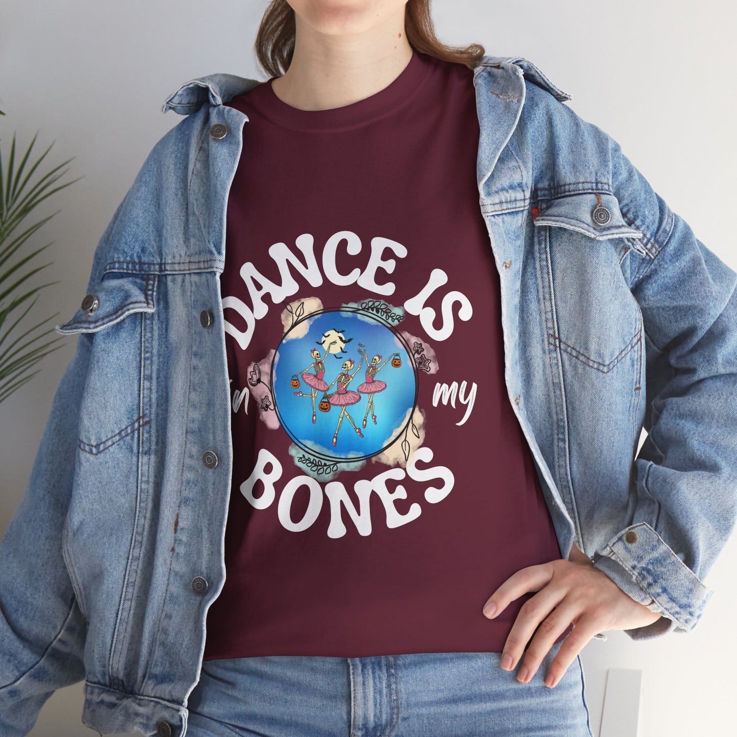 “Dance Is in My Bones” Halloween Dance T-Shirt with Dancing Skeletons Graphic - Unisex Heavy Cotton Tee