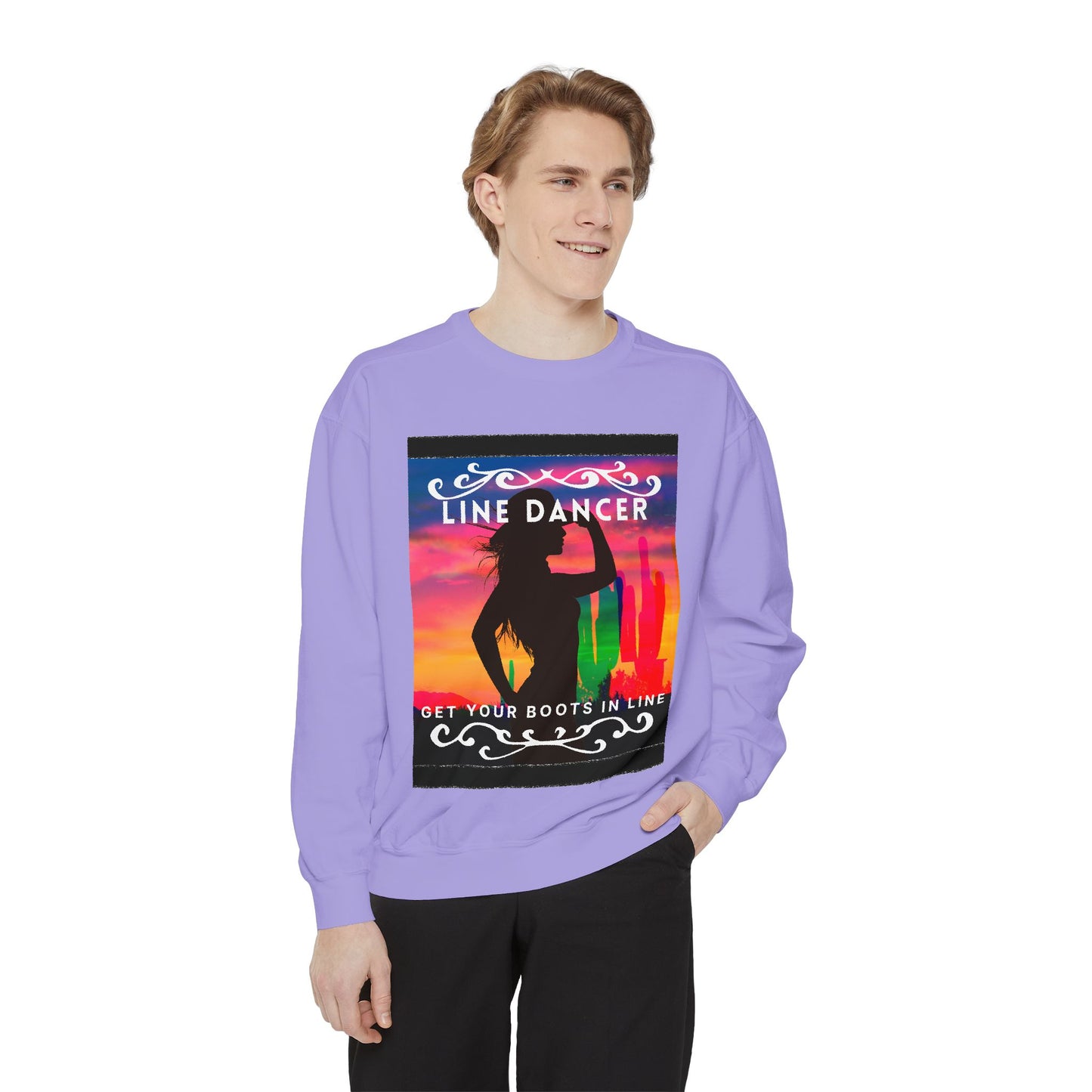 "Line Dancer, Get Your Boots in Line" Unisex Lightweight Crewneck Sweatshirt – Western Dance Graphic Pullover for Country Music & Boot Scootin’ Fans