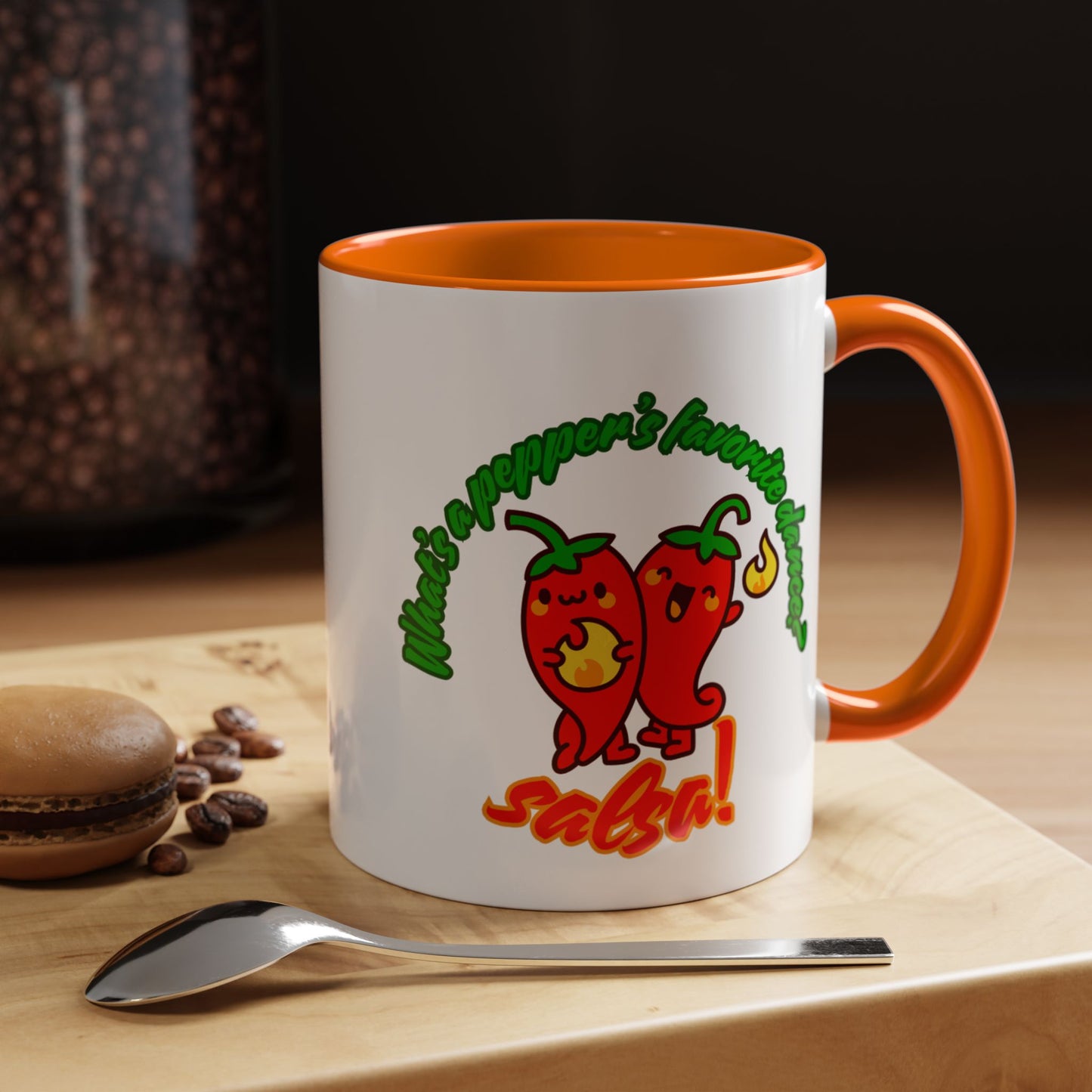 "What's a Pepper's Favorite Dance? Salsa." Accent Coffee Mug – Funny Dance Pun Ceramic Mug for Dancers and Food Lovers