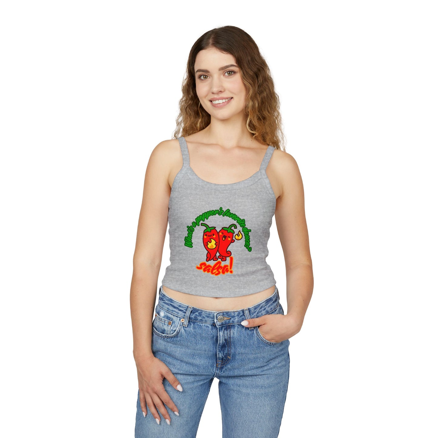 "What’s a Pepper’s Favorite Dance? Salsa!" Women’s Spaghetti Strap Tank Top – Cute Pepper Graphic | Funny Dance Pun Shirt for Dancers & Food Lovers